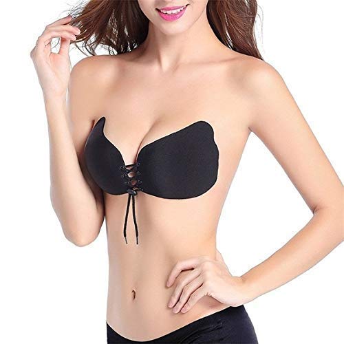 ORENAMEWomen's Invisible Silicone Gel Self Adhesive Backless Reusable Stick on Push-Up Invisible Strapless Sticky Bra (A, Black)