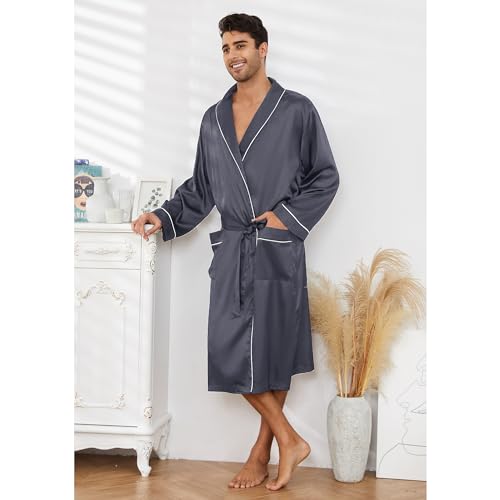Image of Vulcanodon Men's Satin Robe Lightweight,Men's Luxurious Silk Kimono Bathrobe
