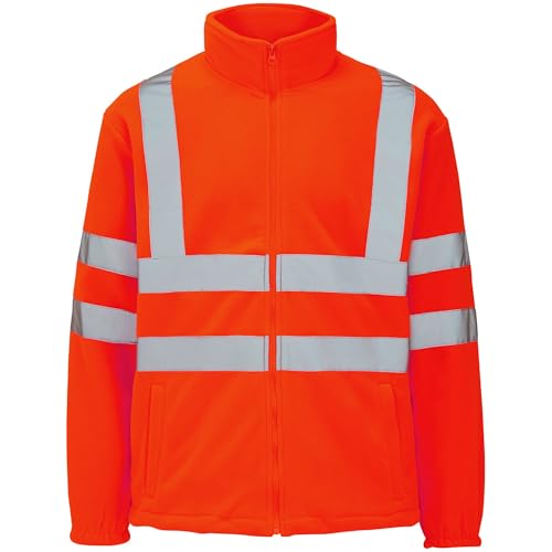 WearAll Hi Vis Fleece Jacket High Visibility Full Zip Long Sleeve Sweatshirt Warm Workwear Coat Reflective Tape HiViz Work Jacket Top Orange XL