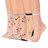 Campsis Women Sheer Socks Ruffle Sheer Ankle Socks Flower See Through Socks for Women and Girls(5 Pairs)