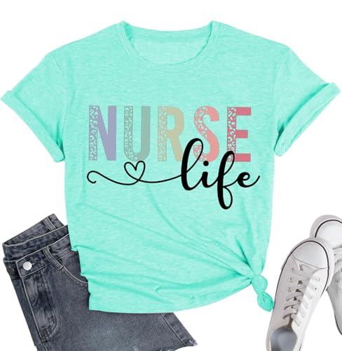 Image of Women Nurse Shirts Nursing Life Letter Short Sleeve Register Nurses Inspirational Tee