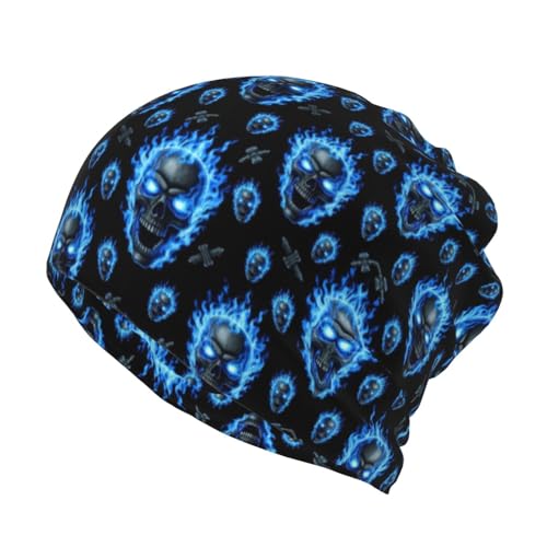 Beanie Blue Fire Flame Skull Hedging Head Hats, Fashion Skull Hats for Girls Boys, Multifunction Large Chemo Hat Daily Hat for Walking Party, Various Styles