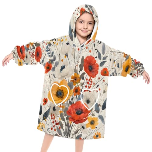 Wearable Blanket Hoodie for Kids, Pretty Floral Fleece Sweatshirt Blanket Oversized Blanket Sweatshirt with Pocket Flannel Warm Hooded Blanket 6-10 Year Old Girl Boy Gift, One Size
