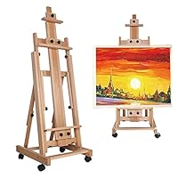 Wooden Oil Painting Art Easel Large Heavy-Duty Studio Artist Easel with 4 Premium Locking Silent Caster Wheels, Adjustable H-Frame Painting Art Easel Folding Solid Wooden Artist Professional Easel