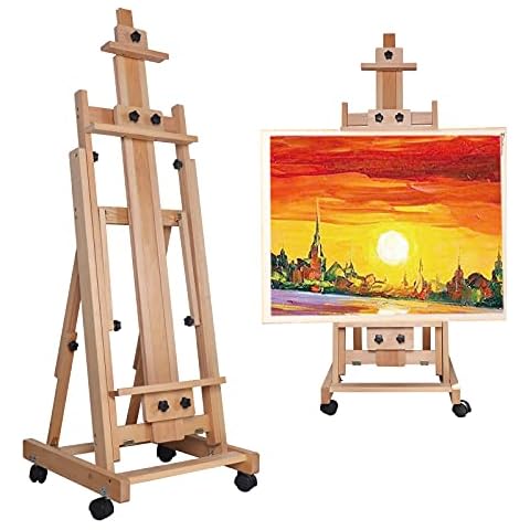 Wooden Easel Stand Studio Art Easel for Painting, Red Beech H-Frame Easel Artist Sketch Painting Easel, Height Adjustable 1430~2320mm Foldable Large Easel with Pulley for Drawing Display Cover