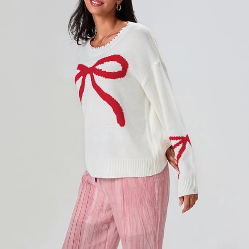 Image of Women Cute Bow Knit Sweater Y2k Long Sleeve Crew Neck Knitted Pullover Top Oversized Going Out Fall Winter Knitwear