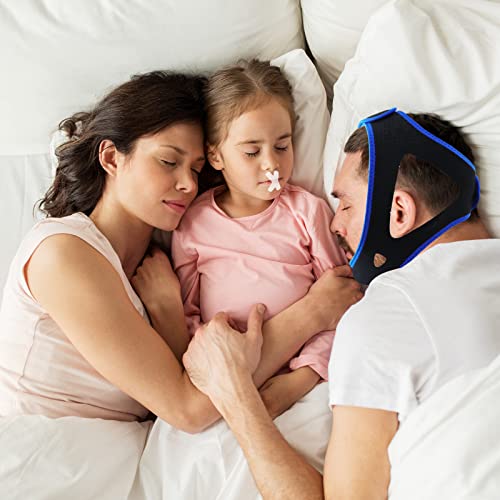 Anti Snore Chin Strap,Flunyina Anti Snore Chin Strap Device For Cpap Users,Snore Reduction Adjustable And Breathable Head Band With 5Pcs Sleep Mouth Strips For Men Women (Blue) #TOP4