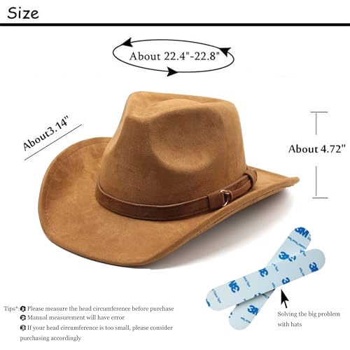 Image of Unisex Western Suede Cowboy Cowgirl Hat Classic Wide Brim Fedora Hat for Men &Women