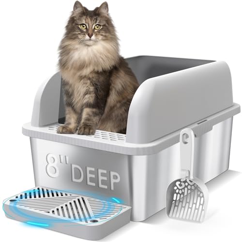 8" Deep Stainless Steel Cat Litter Tray with Lid Extra Large Litt...
