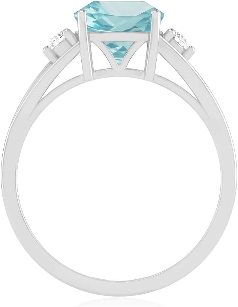Natural Aquamarine Cushion-Cut Ring for Women in 14K Gold or 925 Sterling Silver | Diamond Side Stones | Elegant Solitaire Engagement, March Birthstone Ring | Fine Jewelry Gift