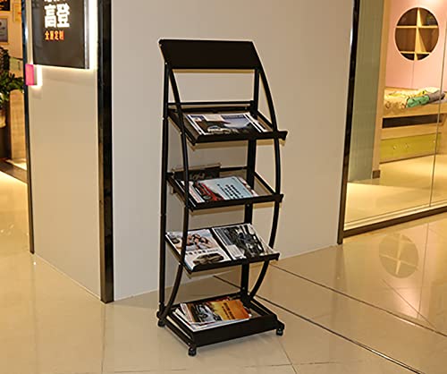 4 Bolsillos Floor Magazine Rack Metal, Soporte Robusto del Cartel con Las Ruedas para los hospitales Showrooms, Estante de exhibición del folleto ventilado Uso Comercial Fácil Asamblea