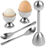 Egg Shell Opener Set – 2 Pcs Egg Cups for Soft Boiled Eggs & 2 Pcs Spoons, Rust-Resistant Stainless Steel, Fits Most Eggs Sizes - Ergonomic Design, Adjustable Effort for Effortless & Precise Cracking