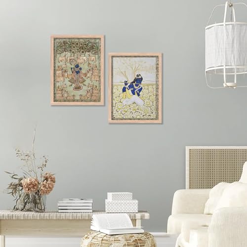 Image of kotart Traditional Pichwai Wall Art Painting Set of 2 | Lord Krishna with Cow & Lotus Garden Design | MDF Wooden Framed Spiritual Wall Decor for Living Room & Pooja Room (Art 6, 19x25 inch)