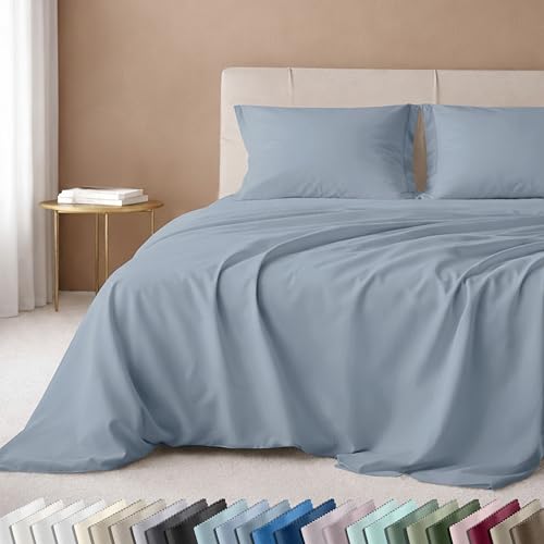 Image of California Design Den Queen Bed Sheet Set - Luxury 600 Thread Count Sateen, 100% Cotton Sheets Queen Size Set, Deep Pockets, Soft, Crisp and Durable Bedding - Sky Blue