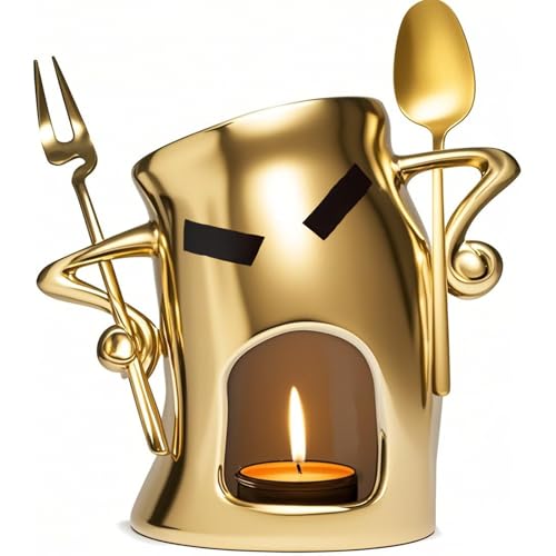 Mini Ceramic Fondue Set: Chocolate Fondue Melting Cup, Cheese Fondue Pot, Candy Mini Fondue Cups with 1 Fork & 1 Scoop - Food-Safe Gift for Parties, Gifts, Cozy Nights (Gold)