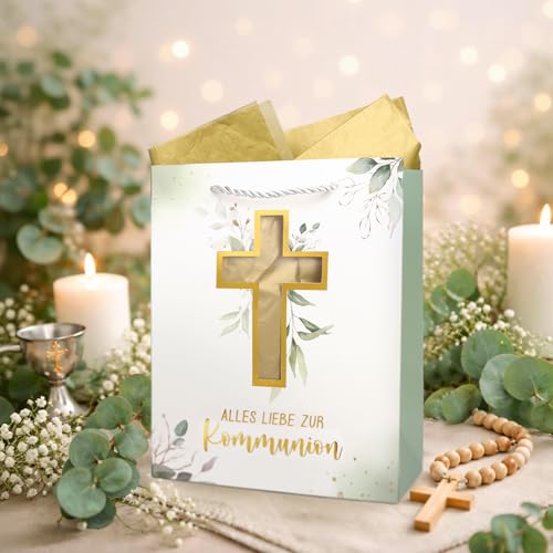 COMOOKA Geschenktüte Kommunion 25x21x10cm XL Geschenktasche Kommunion Geschenk Verpackung Geschenke zur Kommunion für Mädchen Junge Erstkommunion Tüte mit Henkel