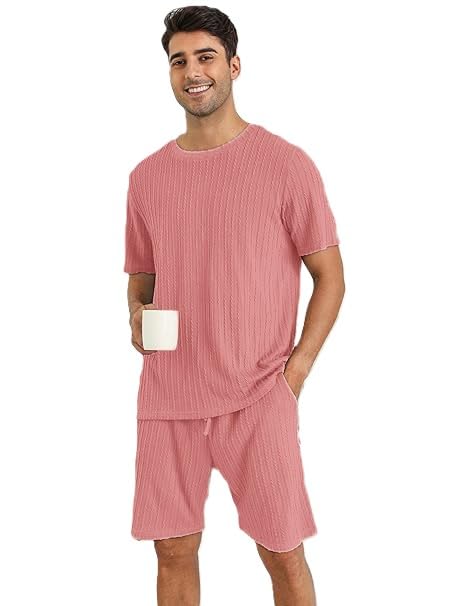 men's pajama sets short sleeve t shirts 2 piece shorts lounge sets summer sleepwear (light pink_m)