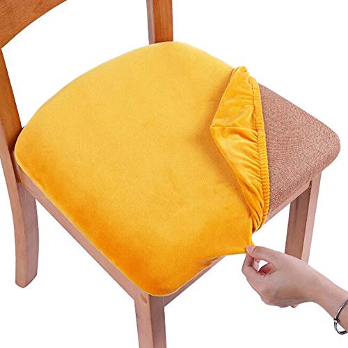 smiry Original Velvet Dining Chair Seat Covers, Stretch Fitted Dining Room Upholstered Chair Seat Cushion Cover, Removable Washable Furniture Protector Slipcovers with Ties - Set of 6, Mustard Yellow