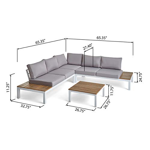 Gdfstudio Leo Outdoor Aluminum And Wood V-Shaped Sofa Set With Cushions, Light Gray And White #TOP2