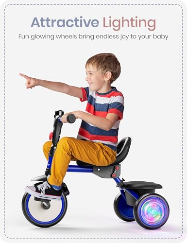 Image of besrey Kids Tricycle with Flash Wheels for Ages 18 Months to 5 Years, Toddler Tricycle with Bell, Kids Tricycle, Gift for 2-5 Year Olds, Gift and Toy for Boys and Girls, Tricycle for Toddlers, Blue