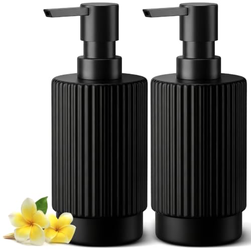 Image of VIMERPA Hand and Dish Soap Dispenser Set for Kitchen, 2 Pack 10 fl oz Matte Black Ribbed Glass Soap and Lotion Dispensers Sets with Pump for Bathroom, Modern Refillable Liquid Soap Pump Bottle