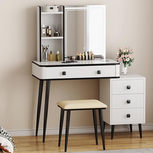 Tocador de maquillaje con espejo regulable SogesHome, escritorio con taburete 2