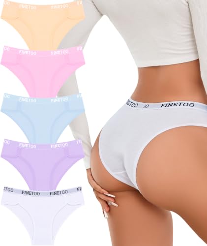 Image of FINETOO Cotton Underwear for Women Cheeky Panties Sexy Hipster Bikini Underwear Elastic Waistband Stretch Briefs 5 Pack