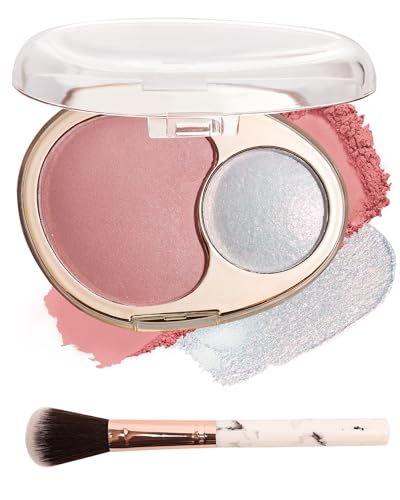 LYSdefeu - Blush and Highlighter Palette,2 in 1 Nude Pink Blusher Pearl Shimmer Highlighter,Matte Blusher and Bronzer for Face Cheeks,Longlasting Facial Makeup Set with Brush,Christmas Makeup Gift for Women-02