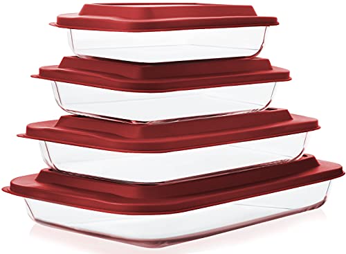 Comparison: Best Pyrex Bakeware Set 10 8-Piece Deep Glass Baking Dish Set with Plastic lids,Rectangular Glass Bakeware Set with Lids, Baking Pans for Lasagna, Leftovers, Cooking, Kitchen, Freezer-to-Oven and Dishwasher, Red