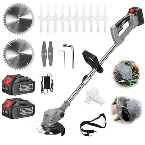 21V Akku Rasentrimmer mit Akku Freischneider Elektrischer 3-In-1 Akku Motorsense Rasentrimmer Mit 2 Batterien, Elektro-Trimmer Garten Rasen Unkraut Trimmer für Garten, Hof