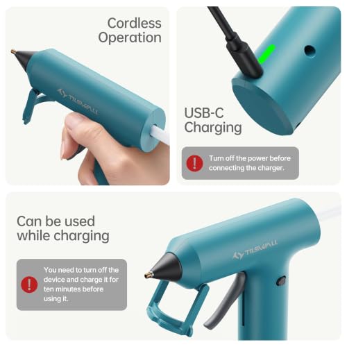 Image of Tilswall Cordless Hot Glue Gun W106s with Rechargeable 2Ah Blue | 90s Fast Preheating, Glue Gun and Sticks Set (7x140mm), 20 Glue Sticks, Compact Ideal for School Crafts, DIY Making, Repairs