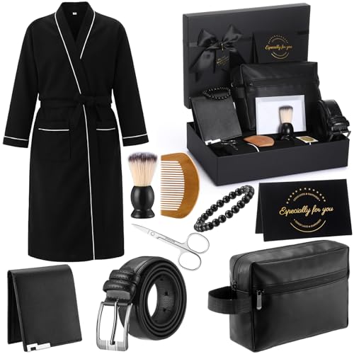 Image of Shyyween 10 Pcs Birthday Gifts Baskets for Men Father Gift Get Well Soon Gifts Beard Care Set Graduation Gift for Him with Bathrobe, Wallet, Beard Comb & Brush Set for Dad Boyfriend Husband(Black)