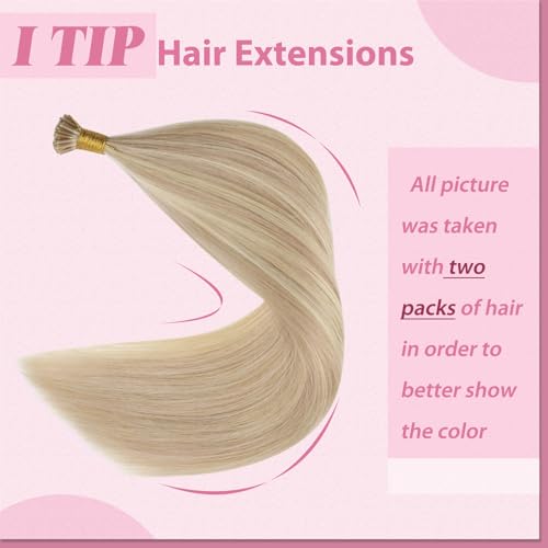 Image of YoungSee I Tip Extensions Blonde Itip Hair Extension Real Human Hair Ash Blonde Highlight Bleach Blond Itip Hair Extension 16 Inch 60s 50g I-Tips Human Hair for Women