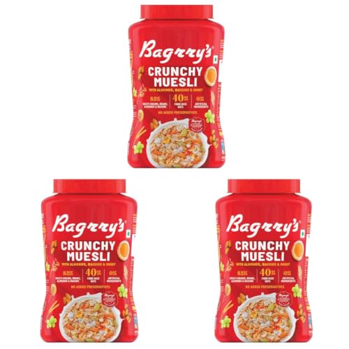 Image of Bagrry's Crunchy Muesli - 1kg Jar | 83% Multigrain, Brans, Almonds, Raisins & Honey | 40% Fibre Rich Oats | High Fibre and Protein Breakfast Cereal | No Added Preservatives | Non-GMO Oats | 100% Natural | Trans Fat & Cholesterol Free