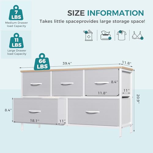 Image of OLIXIS 5 Drawer Dresser for Bedroom, Storage Organizer Unit for Closet | Chest of Drawers for Clothes Storage with Bins, Wide Fabric Bedroom Dresser, Wooden Top, Living Room, Light Grey