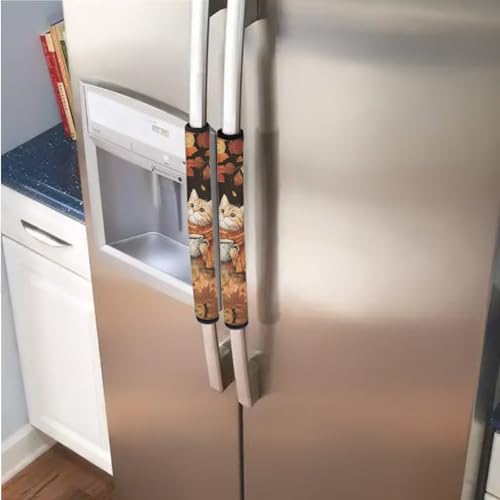 Image of Refrigerator Door Handle Covers Set of 6 Kitchen Electrical Appliances Handle Protector Anti-Slip Fridge Microwave Oven Home Accessories Fall Decorations, Cat Coffee Autumn Leaf