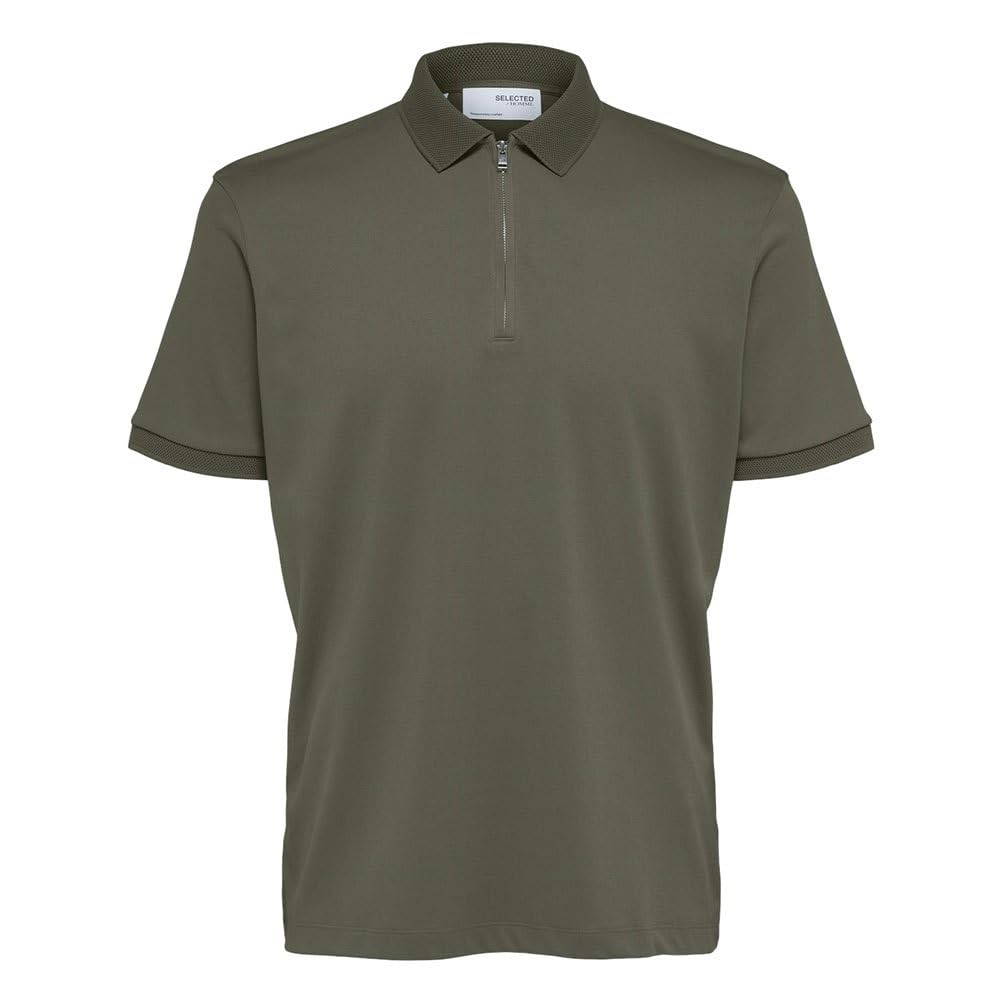 SELETED HOMME Men's Slhfave Zip Ss Polo Noos Shirt, Kalamata, M