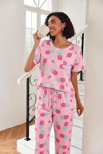 Image of Ekouaer Womens Satin Silky Pajama Set Short Sleeve Shirt with Long Pajama Pant Set Soft PJ Loungewear