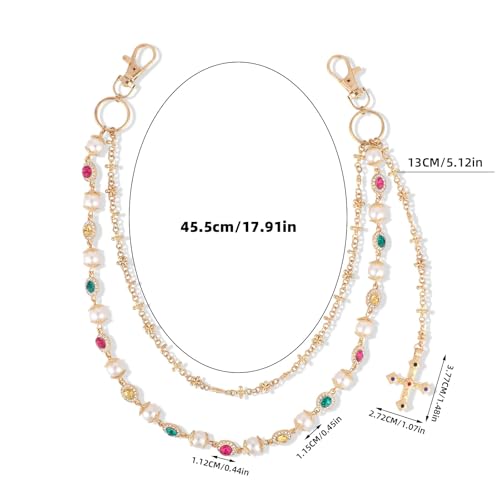 Pants Chain, Alloy Double Layer Pearl Wallet Chains with Crucifix Pendant Stylish Jeans Accessory Personalized Jewelry for Women Men Pocket Pants2