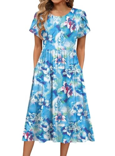 HOTOUCH Floral Sundresses for Women A-Line Midi Dress Cotton Summer Flowy Dress Short Sleeve Tropical Dress,X-Large