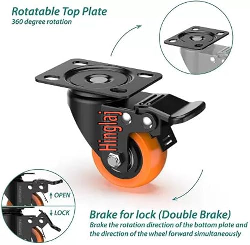 Image of ROLLEASE 1.5 inch 38mm Heavy Duty Caster Wheels Set of 4 | 2 with Brakes & 2 Without Brakes | Soft Rubber Swivel Casters with 360 Rotation | Locking Wheels for Furniture, Baby Bed, Cabinet - Orange