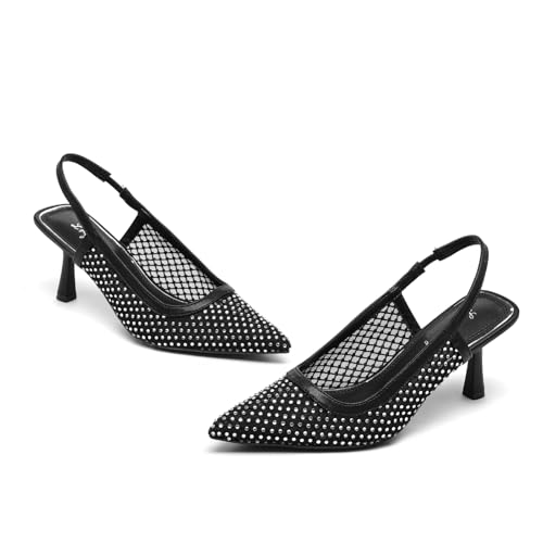 Lryweisy Women's Glitter Rhinestone Mesh Slingback Sandals 2.4 Inch Kitten Heel Pointed Toe for Party & Evening2