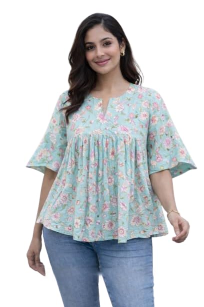 Women’s Floral Printed Cotton Peplum Top with Bell Sleeves, Flared Kurti Style Tunic Top for Women, Casual & Office Wear Indo-Western Top, Lightweight Summer Top for Girls with Relaxed Fit-picture-42