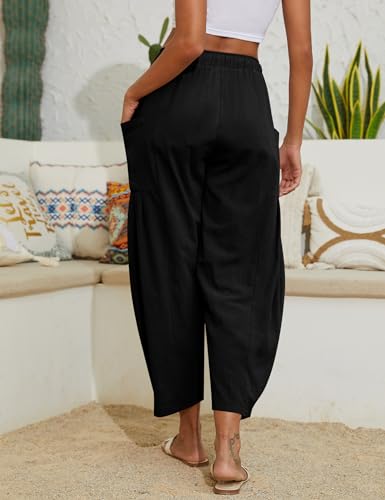 Women Linen Pants Wide Leg Boho Pants Loose Lightweigt Beach Palazzo Harem Pants with Pockets3