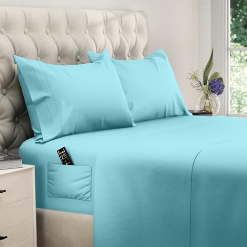 Image of DREAMCARE Full Size Sheets - Cooling Sheets - 4pcs Set - up to 15 inch Deep Pocket Full Sheet Set - Sheets Full Size Bed - Soft & Long Lasting 100% Fine Brushed Polyester with Side Pocket - Spa Blue