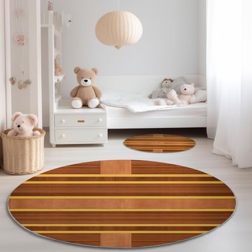 Genérico Alfombra Redonda para Dormitorio 90 cm - Moderno Abstracto Minimalista Rayas Tema Franela Pelusa Corta Alfombras Redondas, Marrón Antideslizante Alfombra para Decoración de Comedor