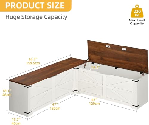 DWVO L-Shaped Storage Bench, 18" High Corner Dining Bench with Storage, Wooden Nook Storage Chest for Living Room, Bedroom