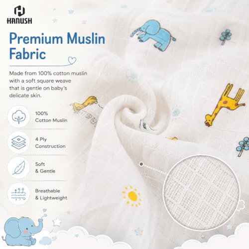 Image of HANUSH 100% Organic Muslin Cotton Hooded Baby Towel - Cute Giraffe & Elephant Print | Ultra Soft, Super Absorbent, Lightweight & Quick Dry Bath Wrap (75x75 cm) for Newborns & Toddlers (0-3 Years)