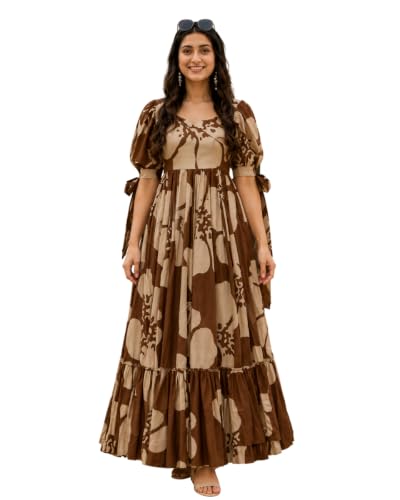 Image of Modestouze Attires Women's Floral Pattern Rayon Blend Maxi Dress with Sweetheart Neck Half Puff Sleeve Floor Length and Zipper Closure Type | Maxi Dress for Women Stylish | Dress for Women