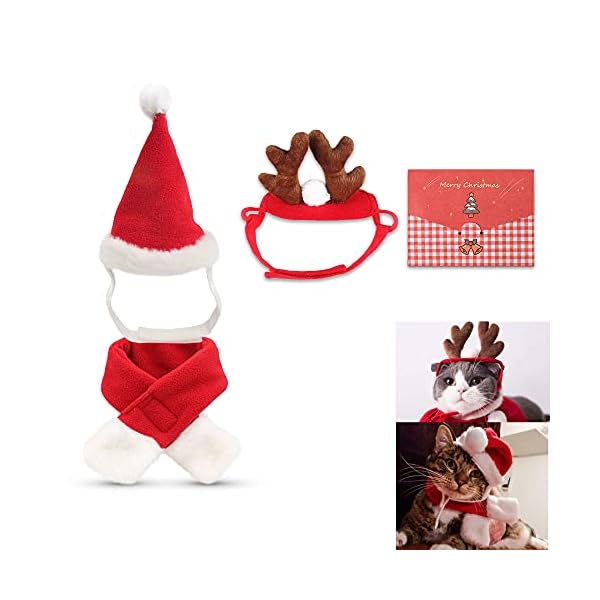 Fast and good cat santa christmas hat + muffler + elk antler reindeer hat + mini xmas card with slider storage bag, head wear accesories christmas costume outfits for pet dog cat rabbit(pack of 4 pcs)